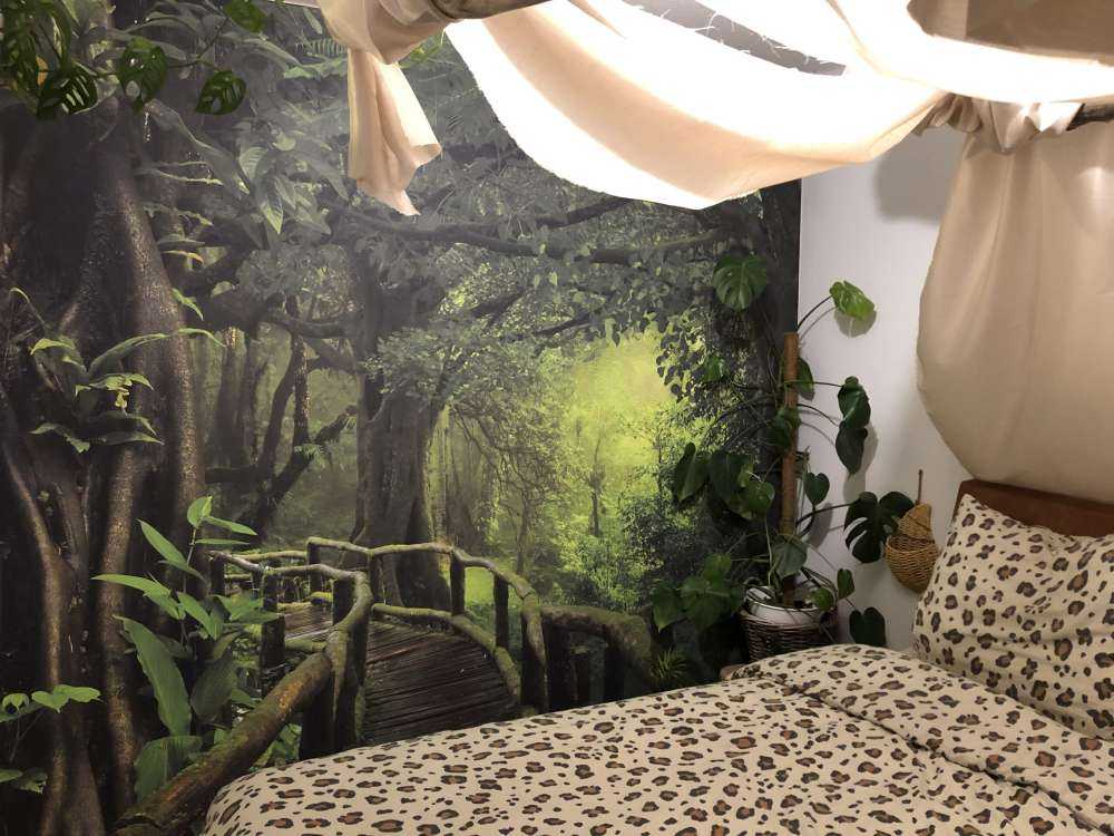 Houten brug door een groene jungle