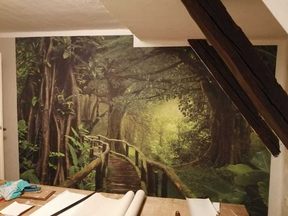 Houten brug door een groene jungle