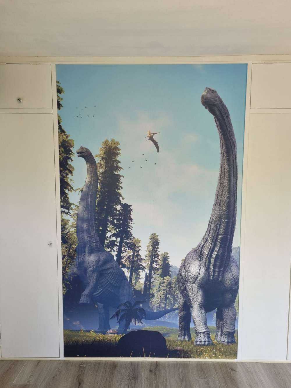 Alamosaurus groep lopen door een vallei