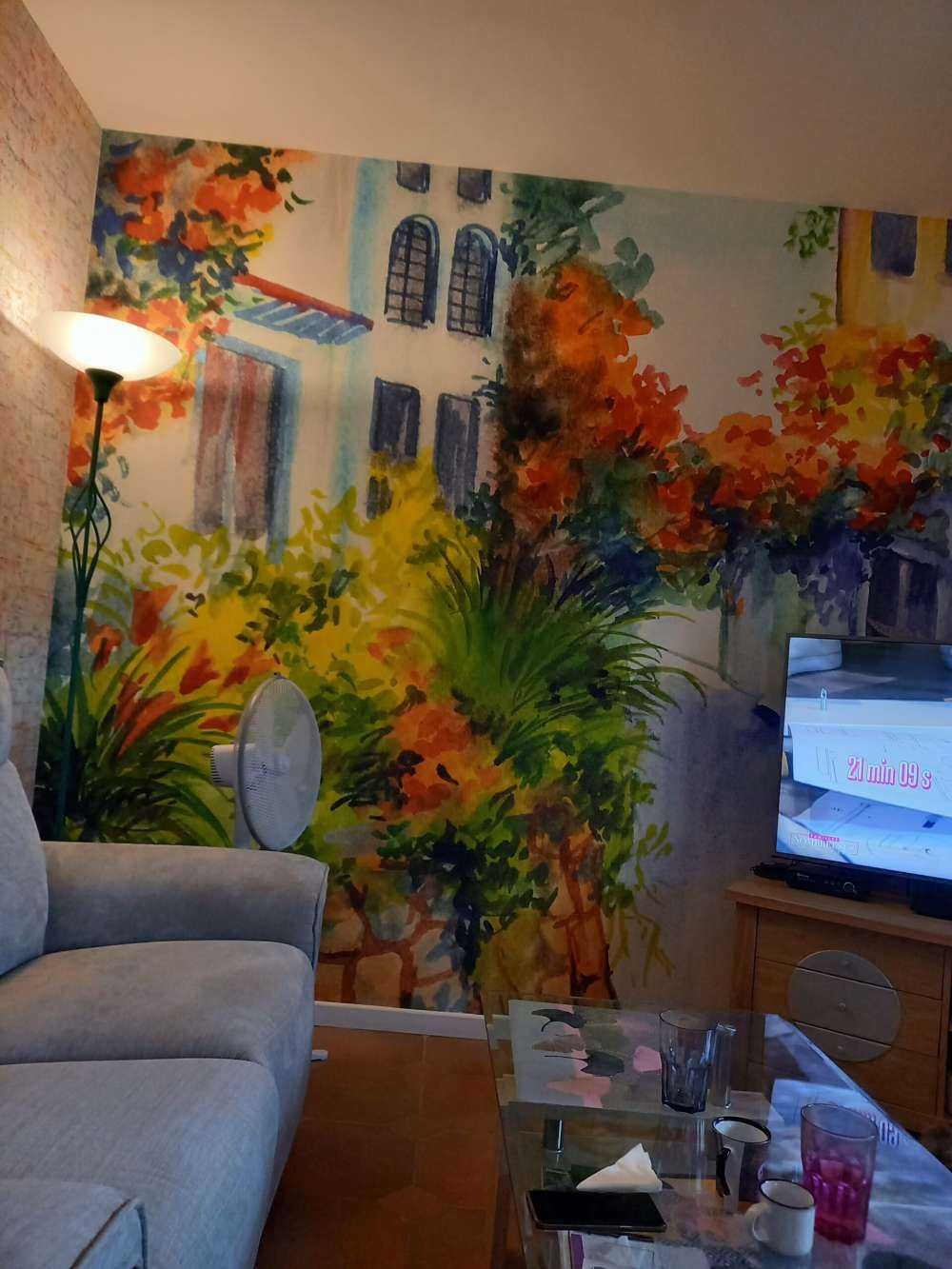 Waterverf bloemen en gebouwen