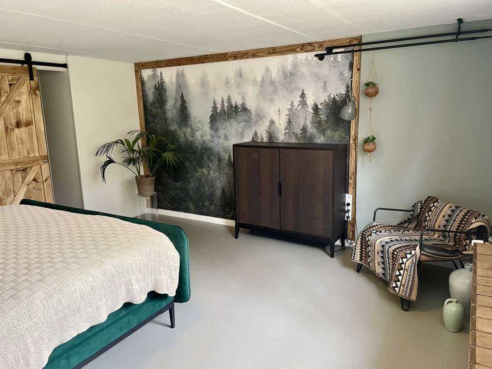 Mistig landschap met groene bomen