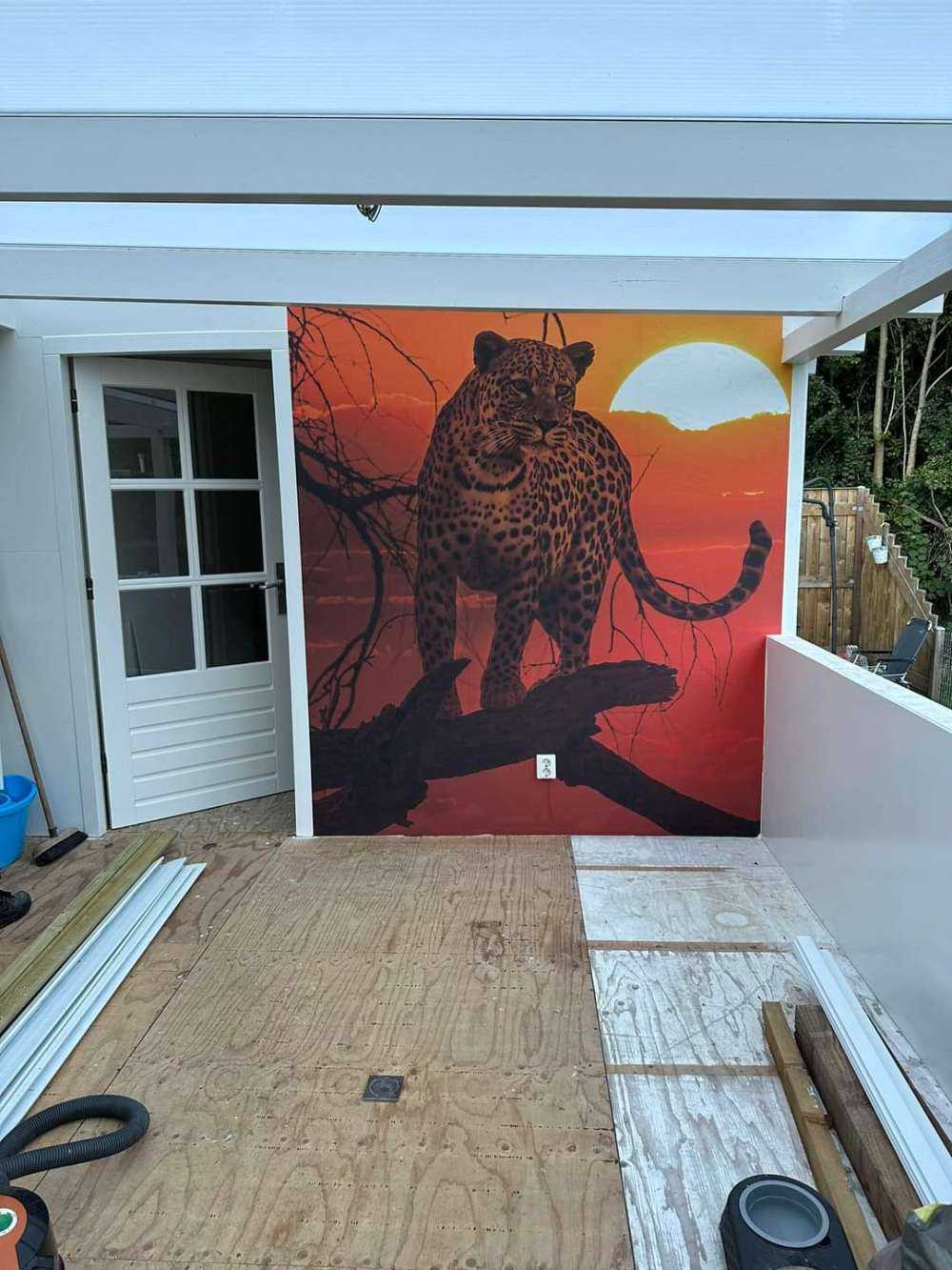 Luipaard met ondergaande zon