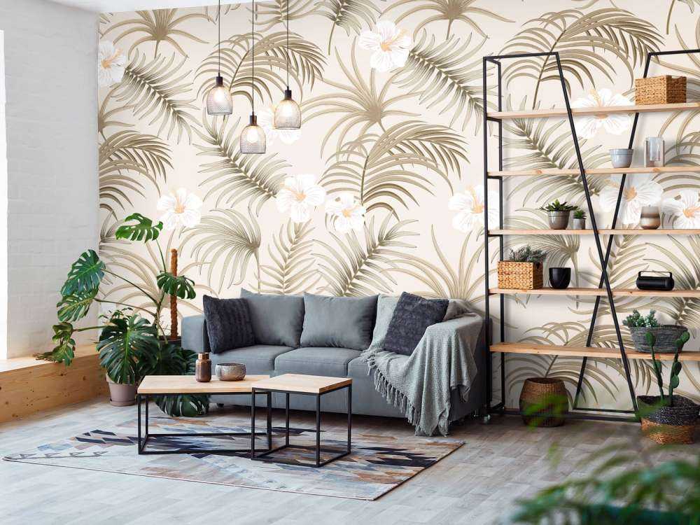 Palmboombladeren en bloemen