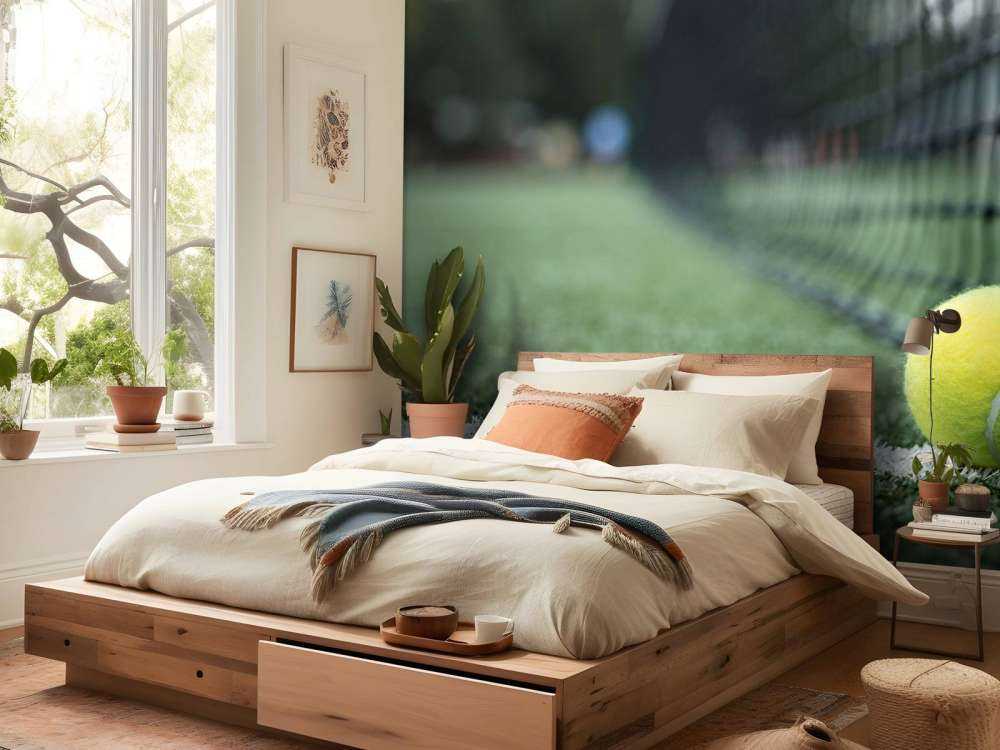 Gele tennisbal tegen het net aan