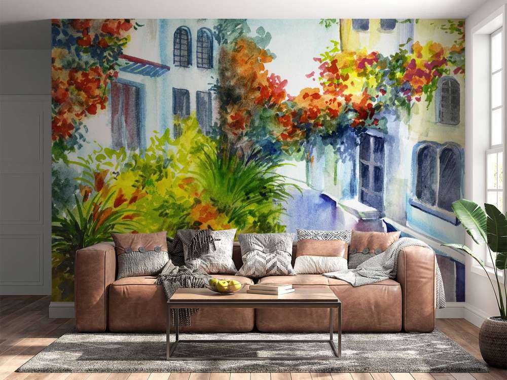 Waterverf bloemen en gebouwen