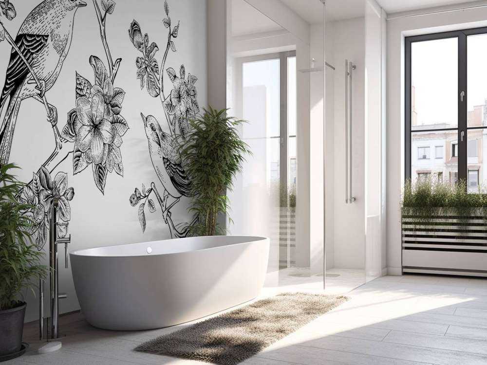 Tekening van vogels op een tak met appelbloesems