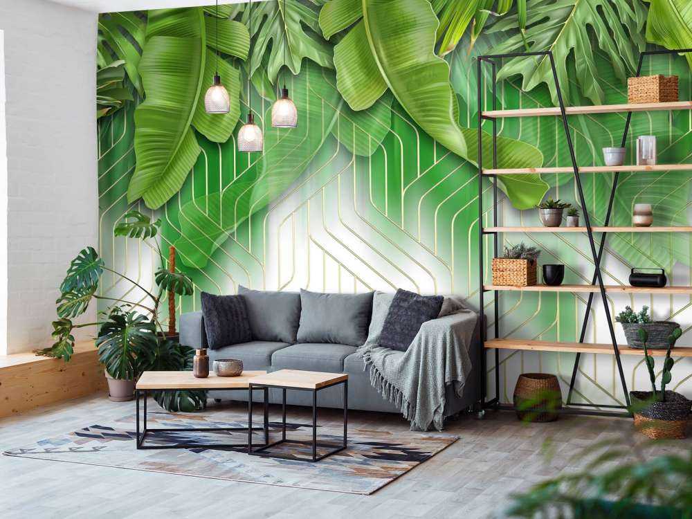 Gouden lijnen effect met groene bladeren