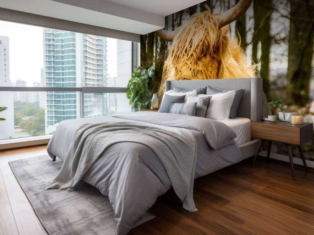 Schotse Hooglander met Bomen op achtergrond