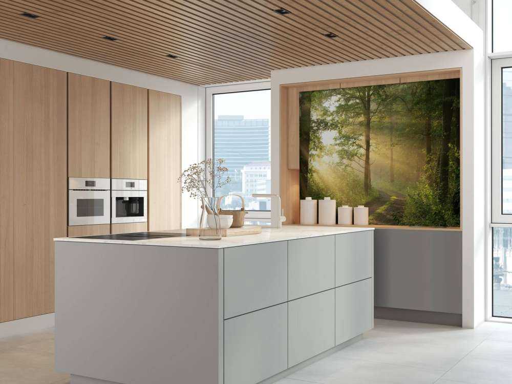 Mistige bosweg bij zonsopkomst