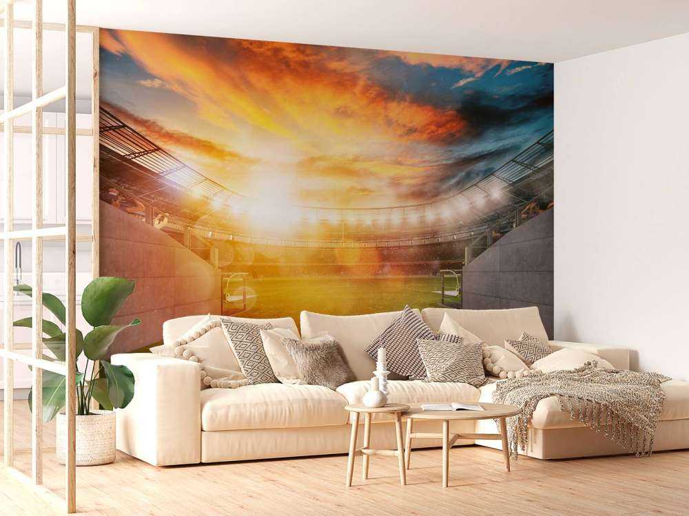 Voetbalstadion ingang bij zonsondergang
