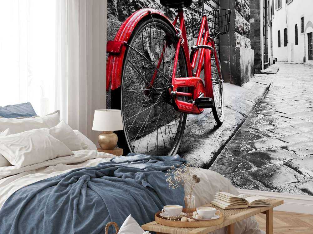 Rode fiets in een zwart-witte straat