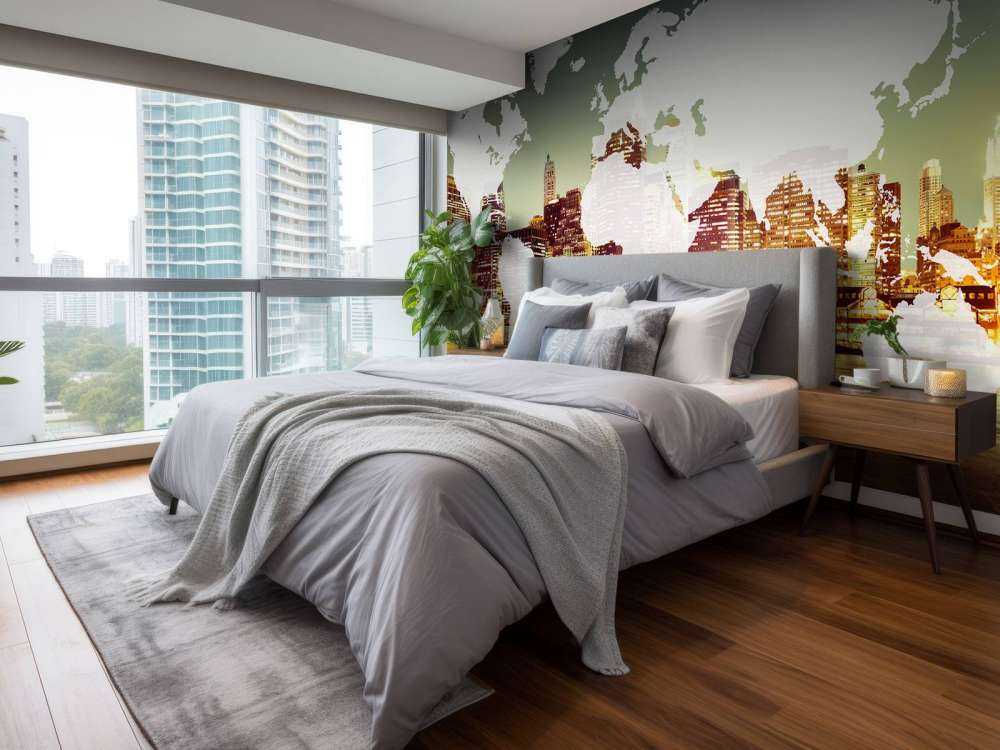 Wereldkaart met een stad op de achtergrond