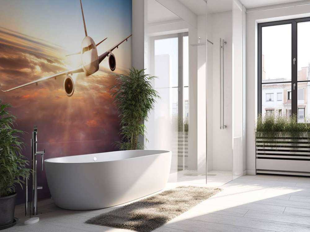 Vliegtuig boven de wolken bij zonsondergang