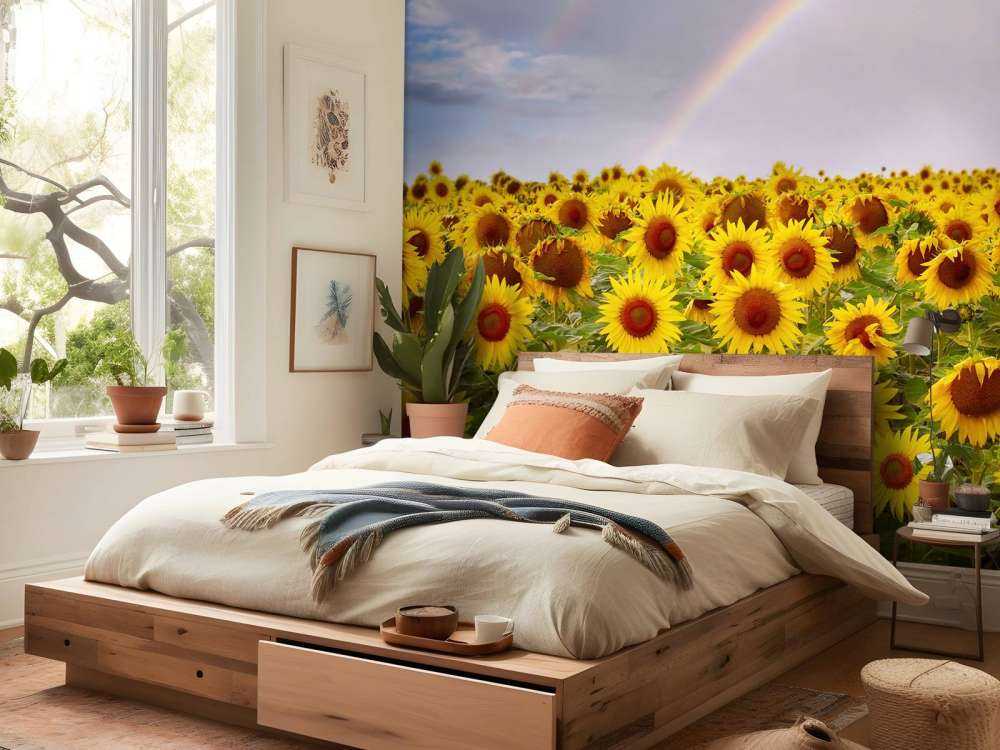 Regenboog bij zonnebloemen