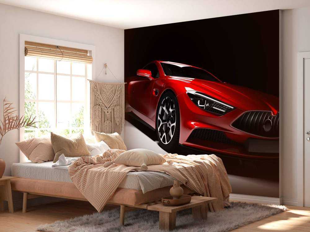 Rode sportauto in een donkere ruimte