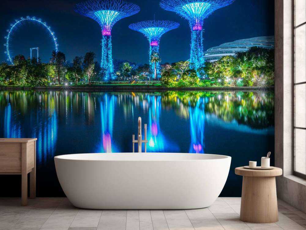 Futuristische lichtbomen aan water