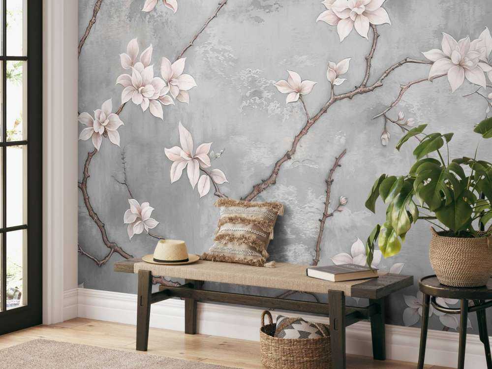 Witte magnoliatak op mistgrijs