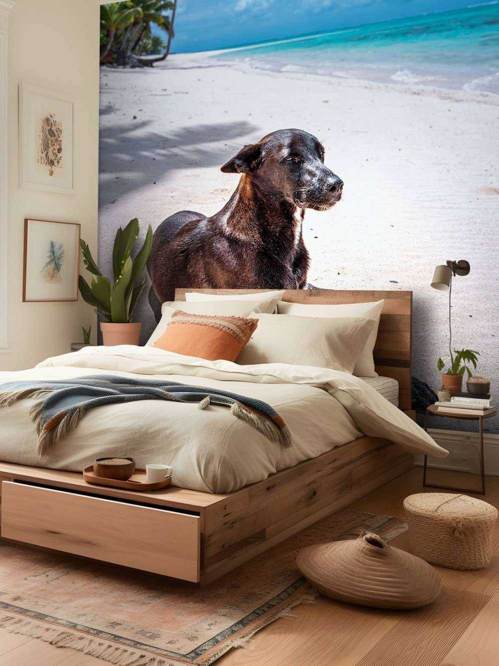 Zwarte hond aan tropisch strand