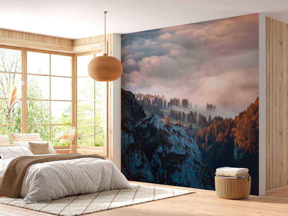 Bosrand in ochtendnevel