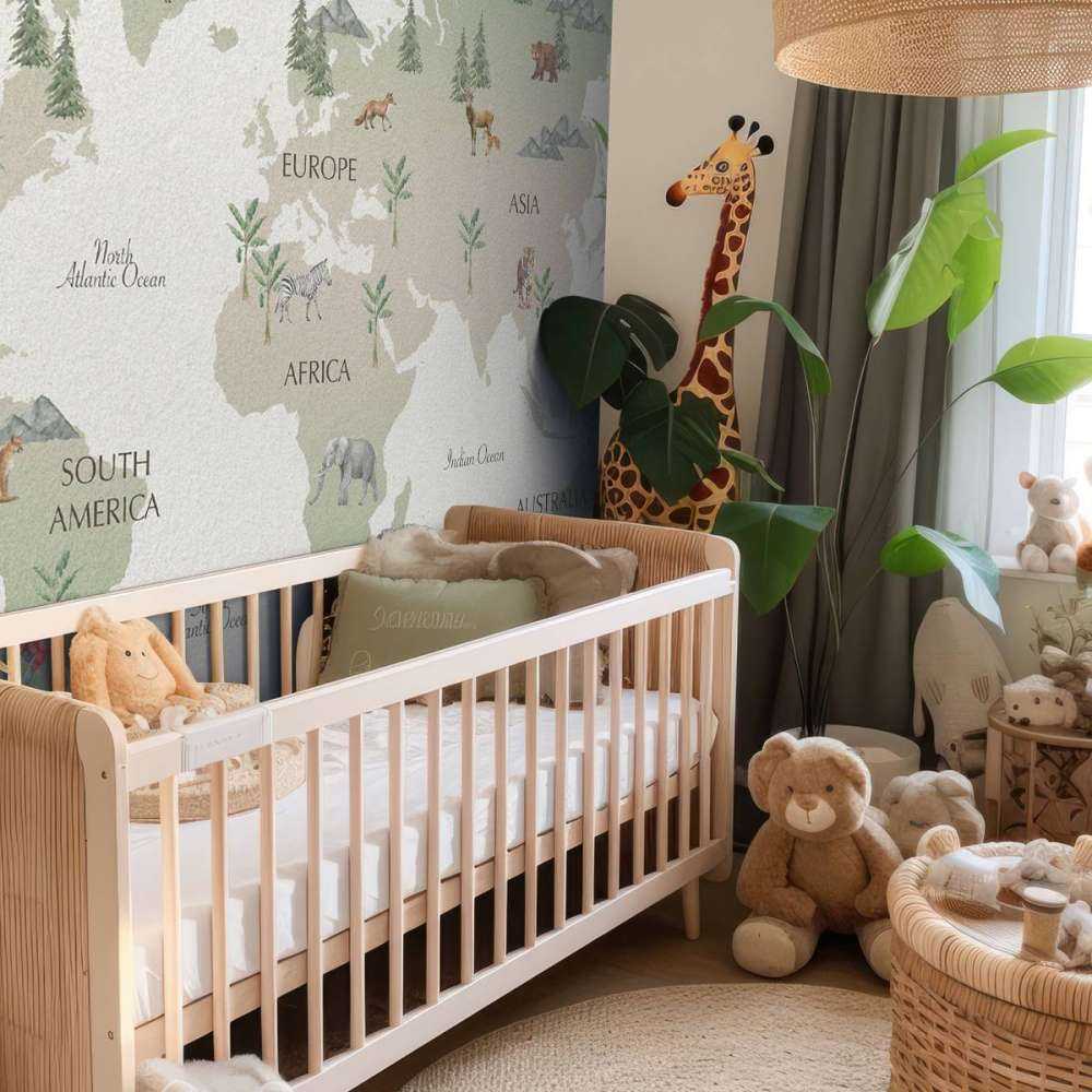 Wereldkaart met bamboe en panda's