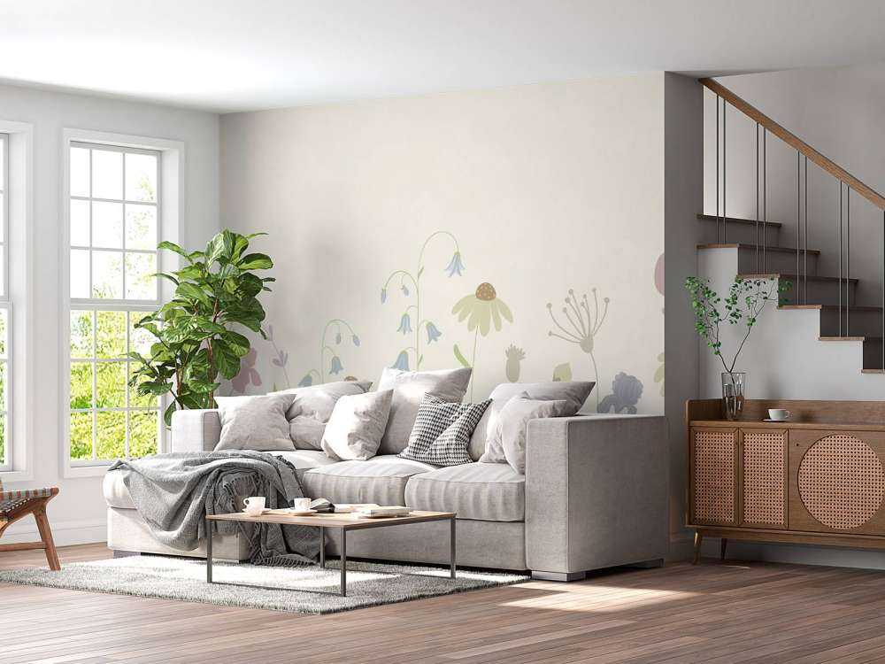 Bloemenveld hoog beige, oud roze, groen en lila