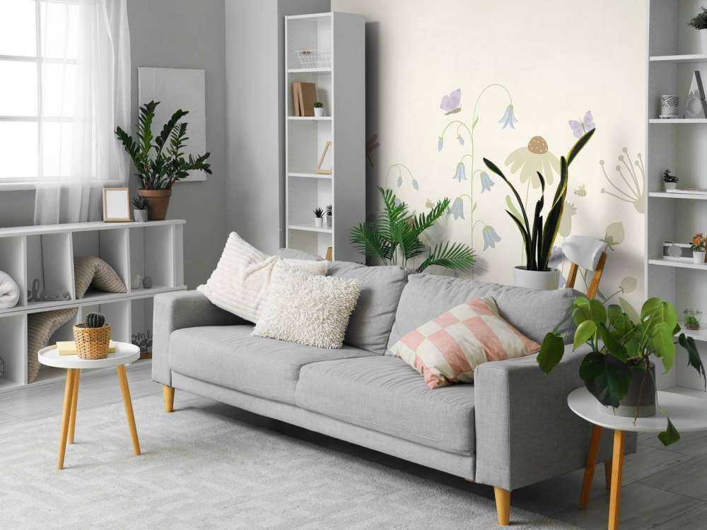Bloemenveld hoog met vlinders beige, oud roze, groen en lila