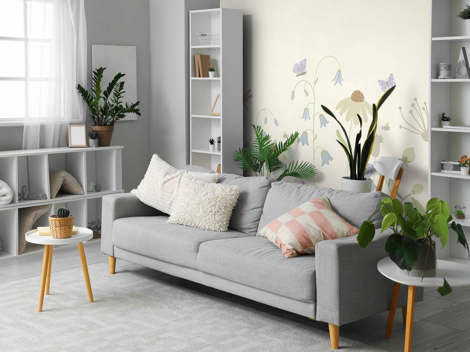 Bloemenveld hoog met vlinders beige, oud roze, groen en lila