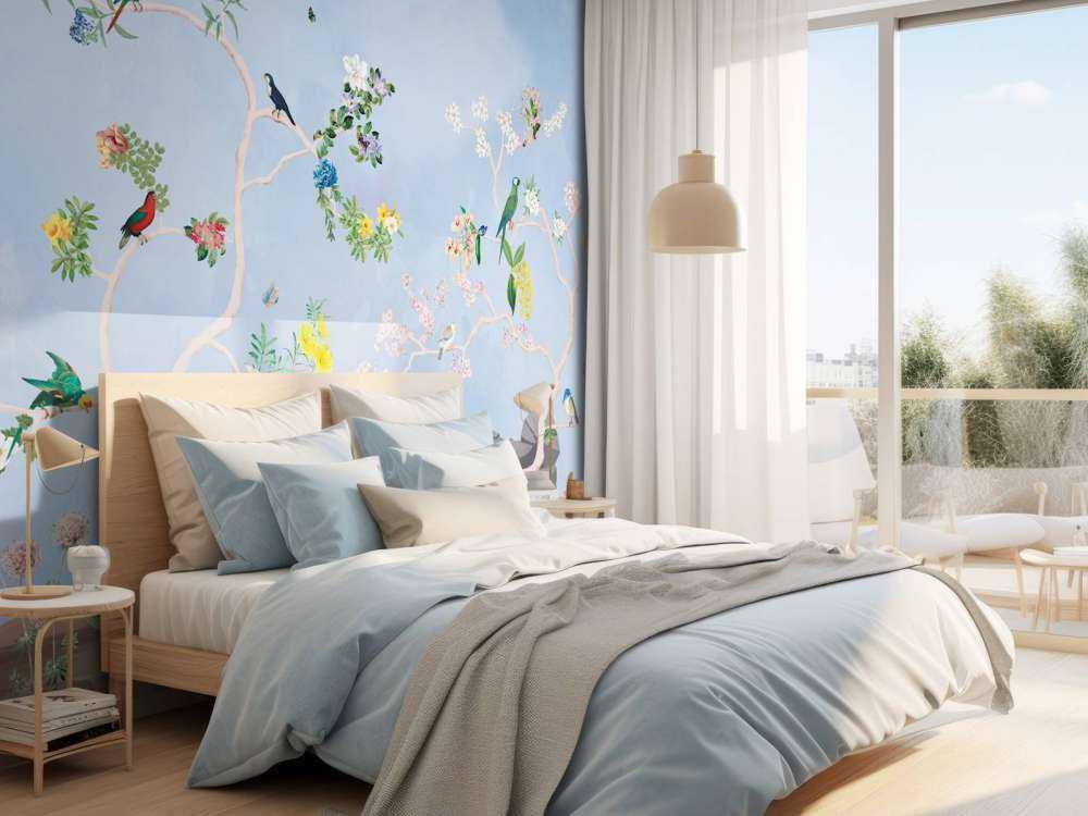 Birds in the Garden Blue Panorama