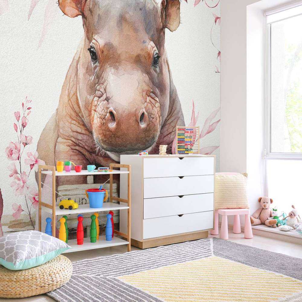 Baby nijlpaard in de bladeren roze