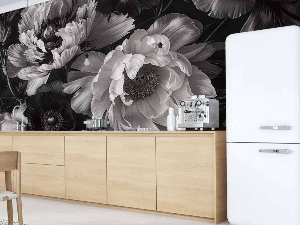 Baroque maximalistic flower garden greyscale