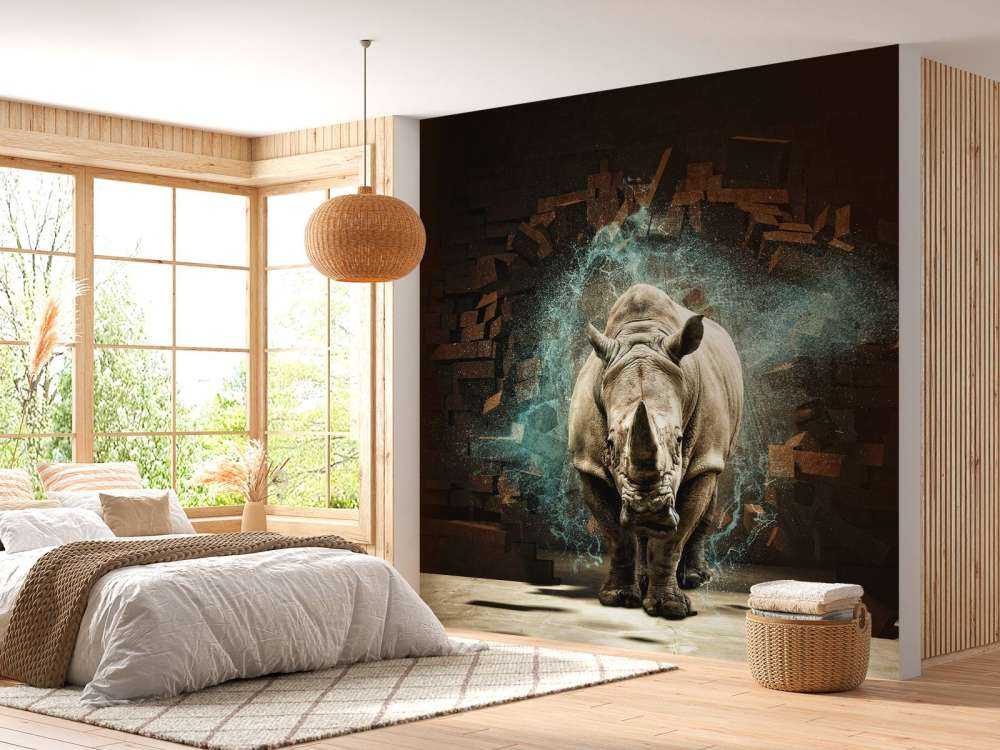 Neushoorn breekt door de muur