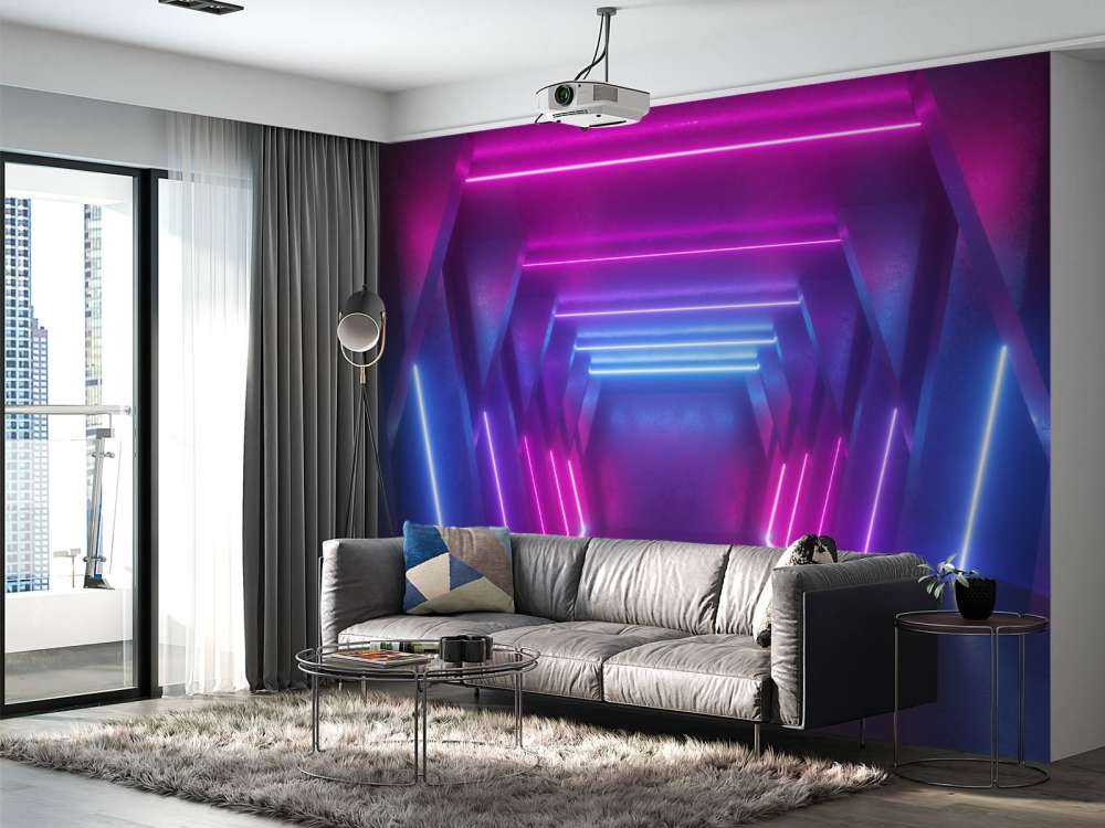 Neon verlichte ruimte met balken