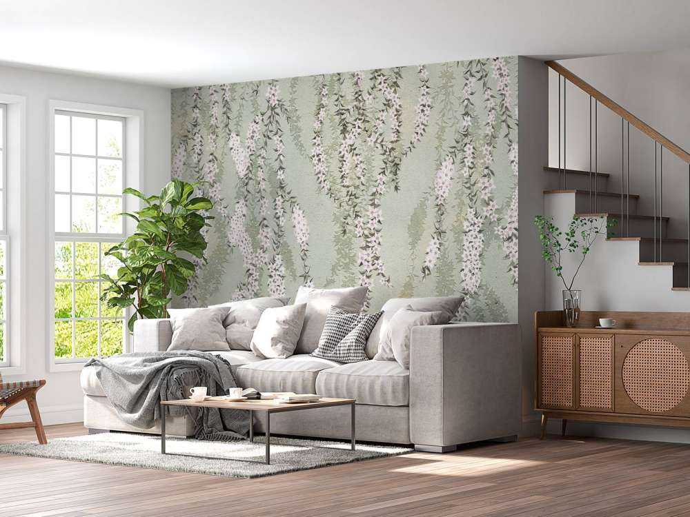 Bloemtakken op groen beton