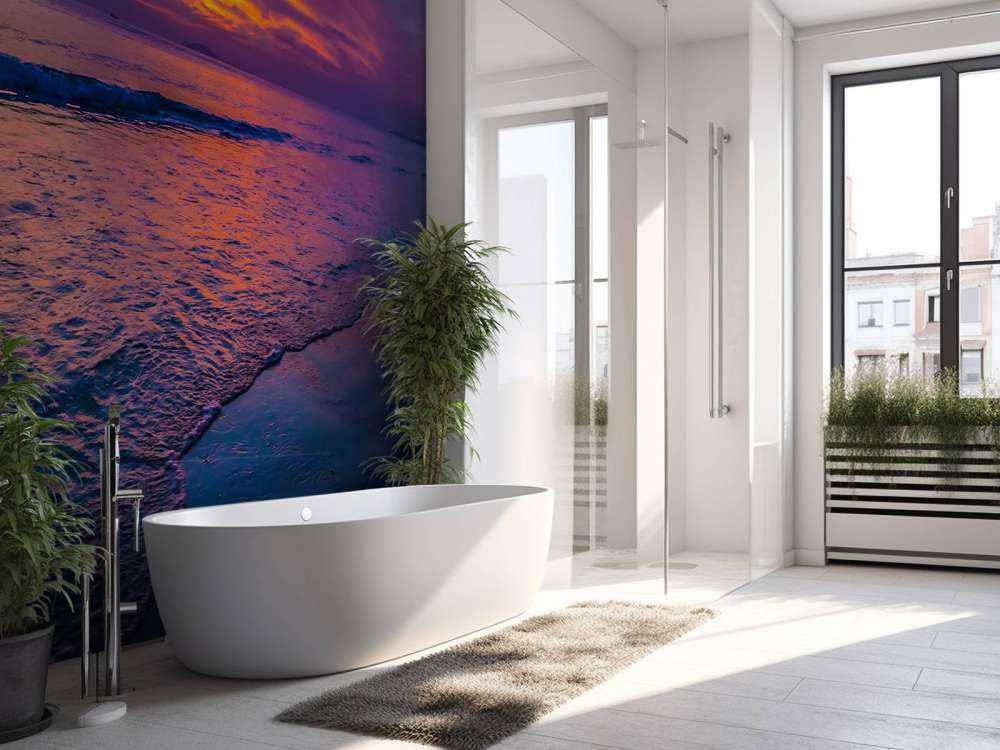 Paarse zonsondergang op het strand