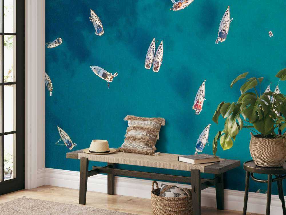 Droneshot van een groep verankerde boten