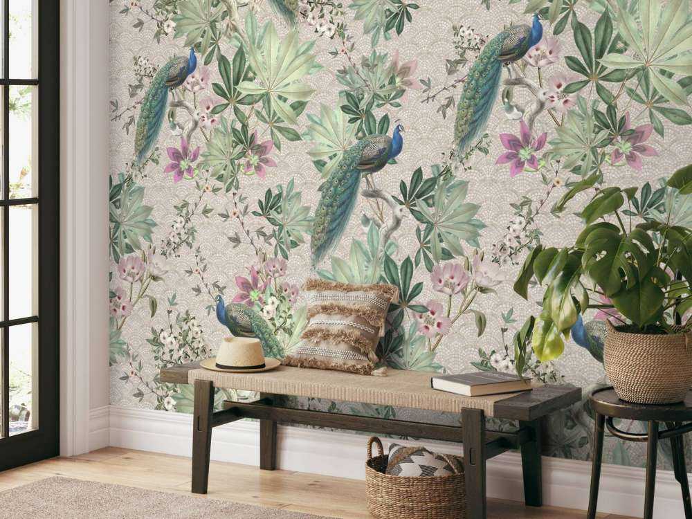 Vintage garden pauwen - creme