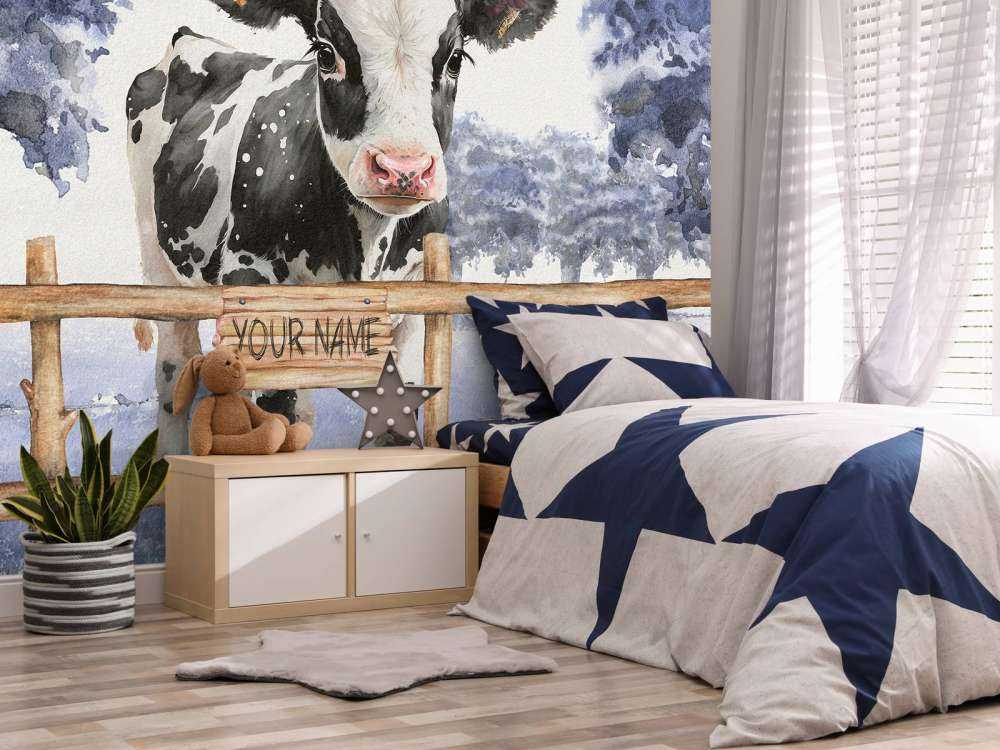 Jonge koe in een weiland blauw