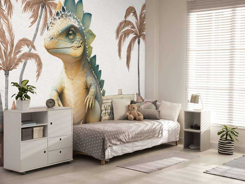 Baby stegosaurus in de jungle taupe