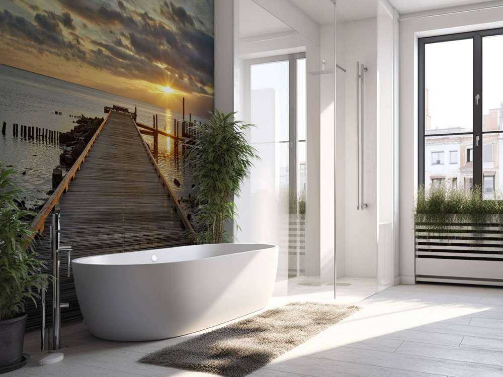 Houten steiger met zonsopkomst