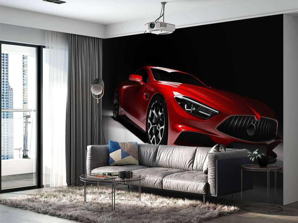 Rode sportauto in een donkere ruimte