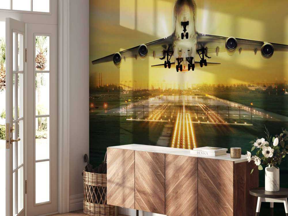 Passagiersvliegtuig stijgt op bij zonsondergang