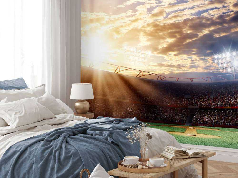 Honkbalstadion bij zonsondergang