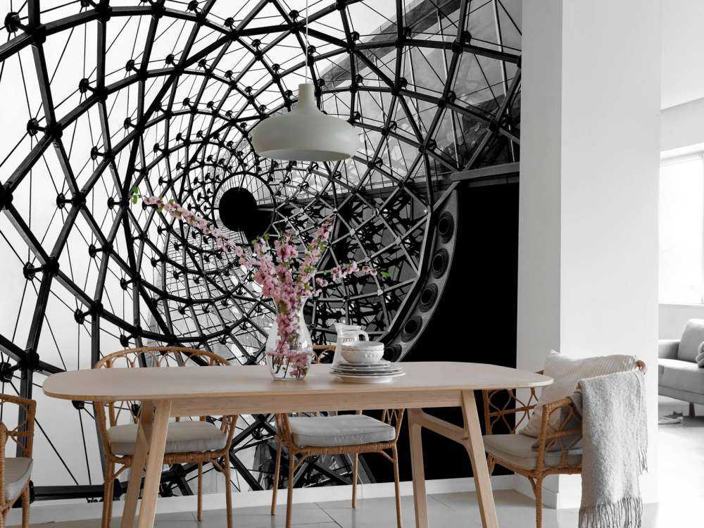 Spiraalvormige architectuur in zwart-wit