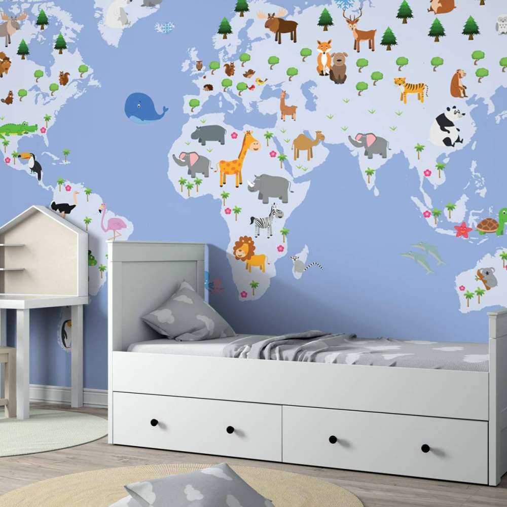 Wereldkaart voor kinderen met blauwe achtergrond