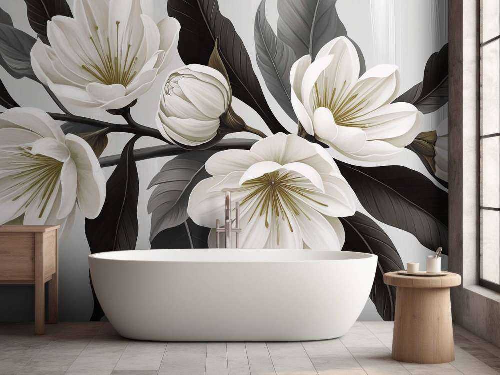 Witte magnoliabloemen met donkere bladeren