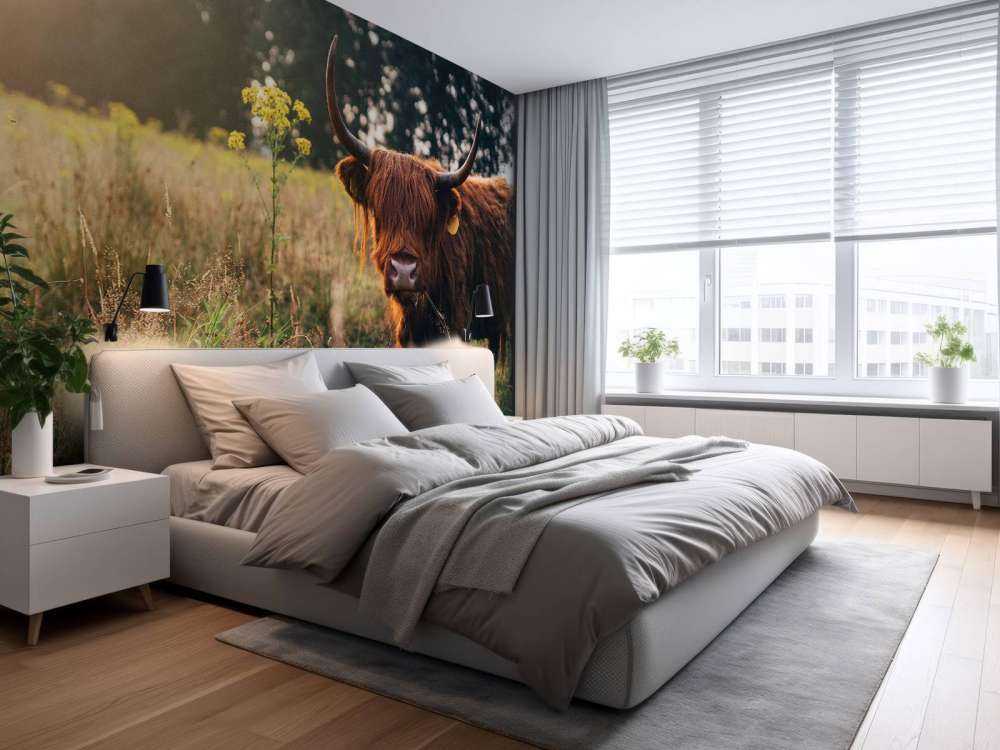 Schotse hooglander in het hoge gras