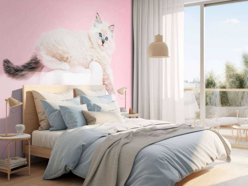 Witte poes op roze achtergrond