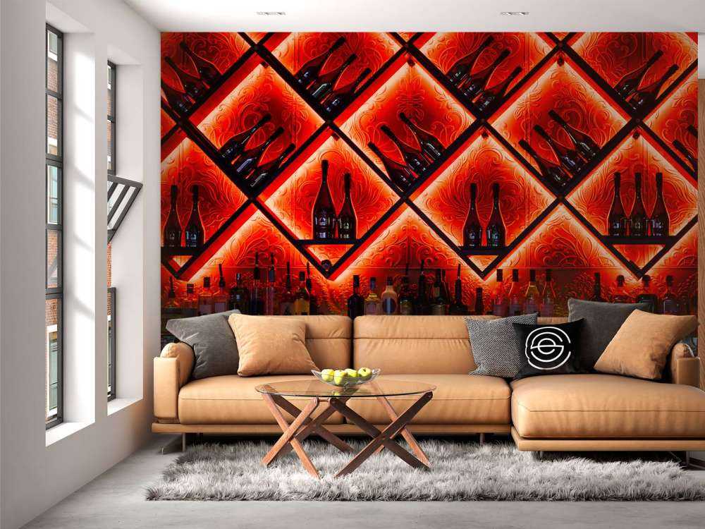 Verlichte bar met drankflessen