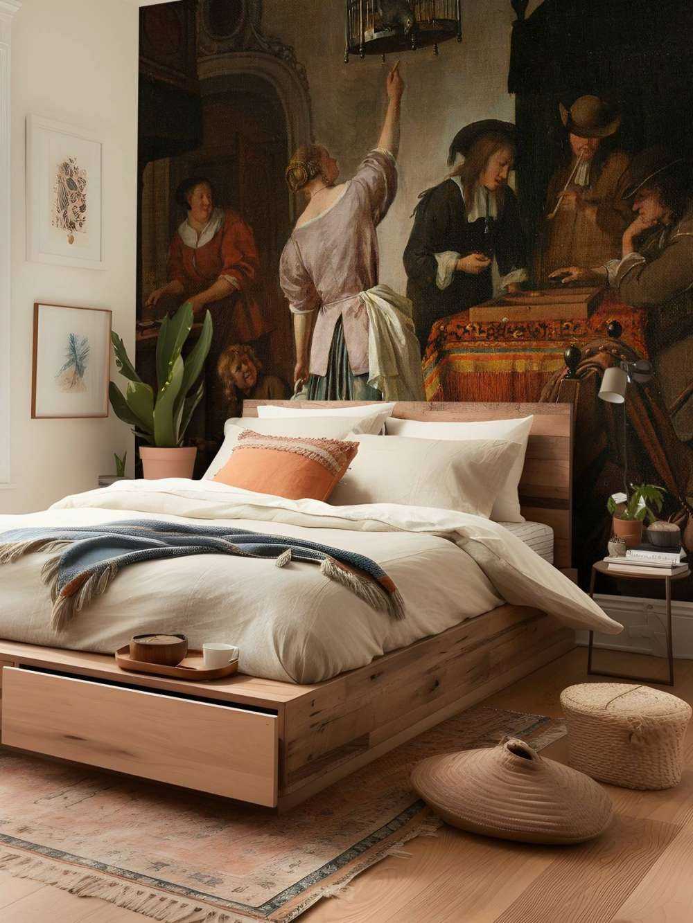 Interieur met een vrouw die een papegaai voert