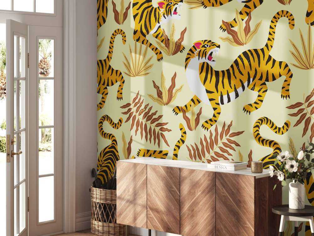 Tijger met bladeren print